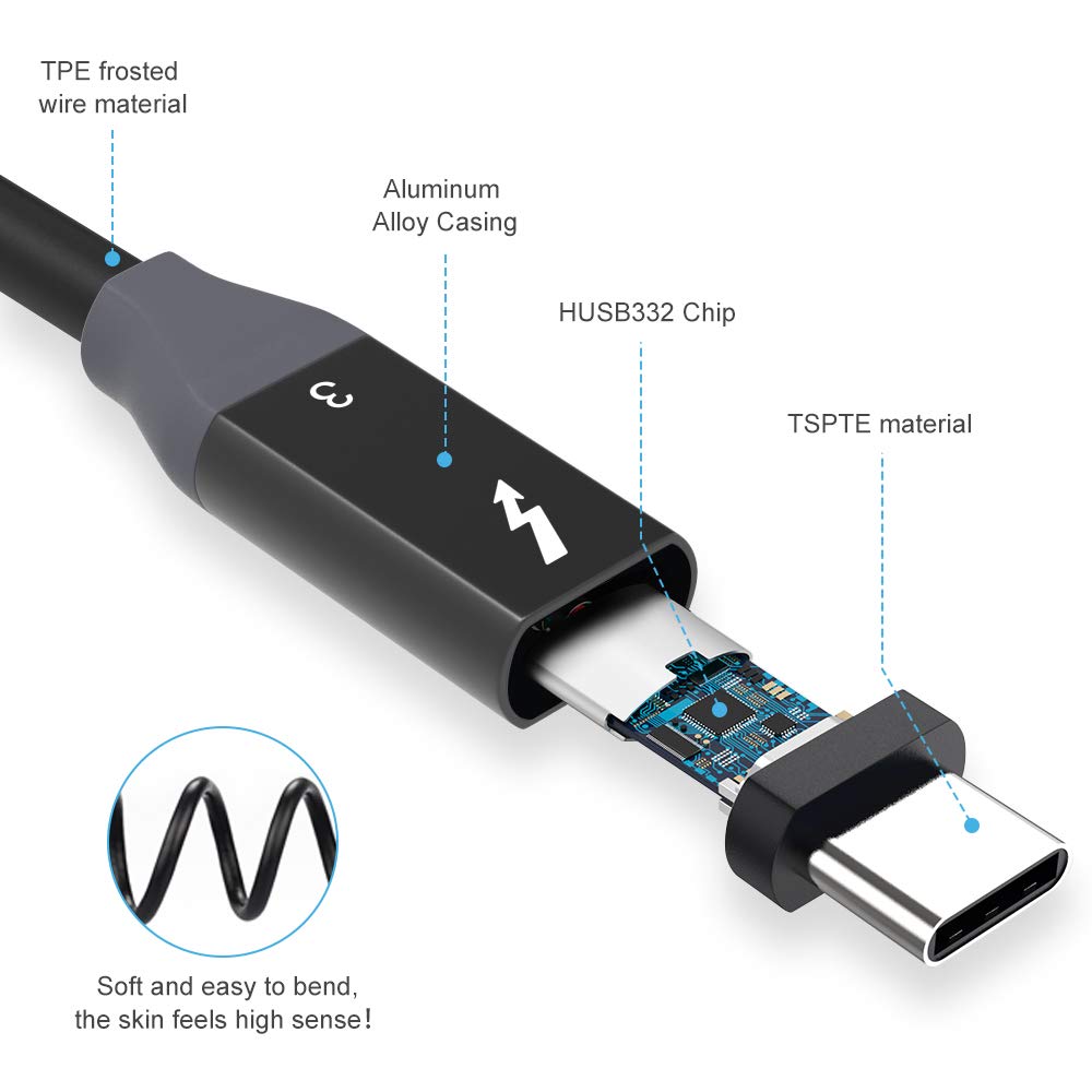 Cable Thunderbolt 3 de 100W, 2ft (USB-C a USB-C), 40gbps (USB 3,1 y 3,2 compatibles) con PD 3,0, de energía, Compatible con tipo C