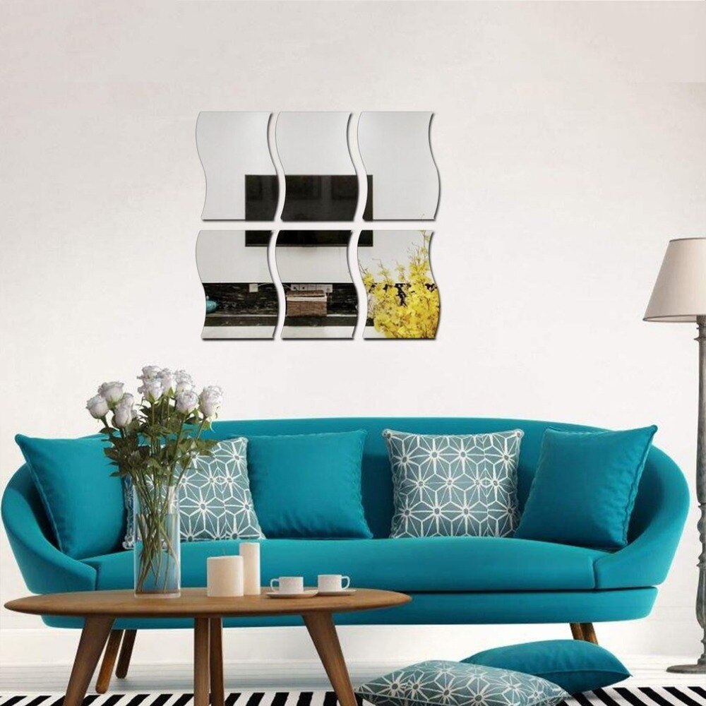 6 pcs Waves Shape Self-adhesive Tile 3D Mirror Stickers Decal Room Decorations Modern Mirror Tiles Decorative Mirrors