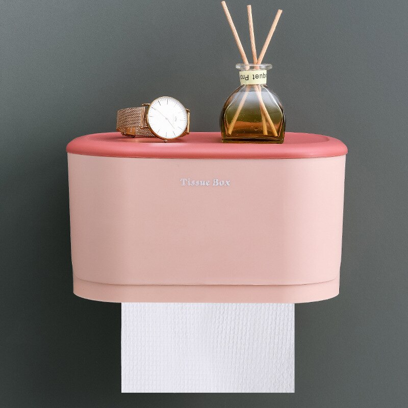 Toilet non-perforated paper towel box paper towel holder household toilet shelving wall hanging paper roll holder paper box: Large light pink