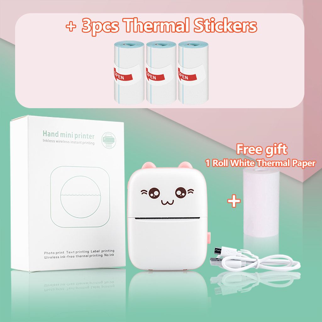 Portable Thermal Printer Paper Photo Pocket Cat Thermal Printer 57mm Printing Wireless Bluetooth Android IOS Printers For Child: Pink 3 Stickers