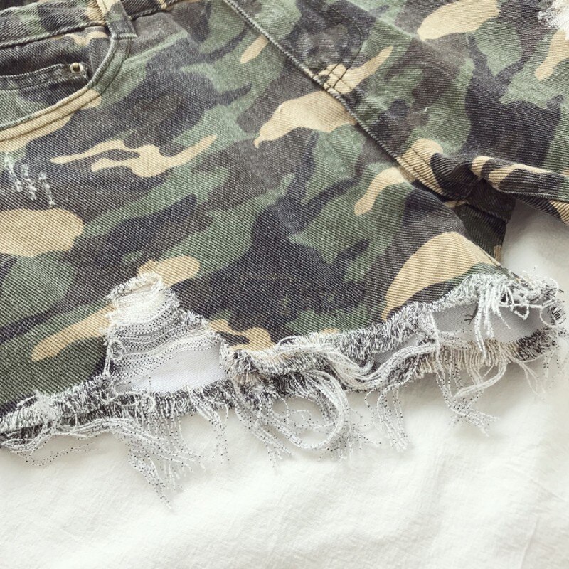 Pantalones cortos de camuflaje para mujer, Peto vaquero con borlas, Shorts informales rasgados de cintura alta,