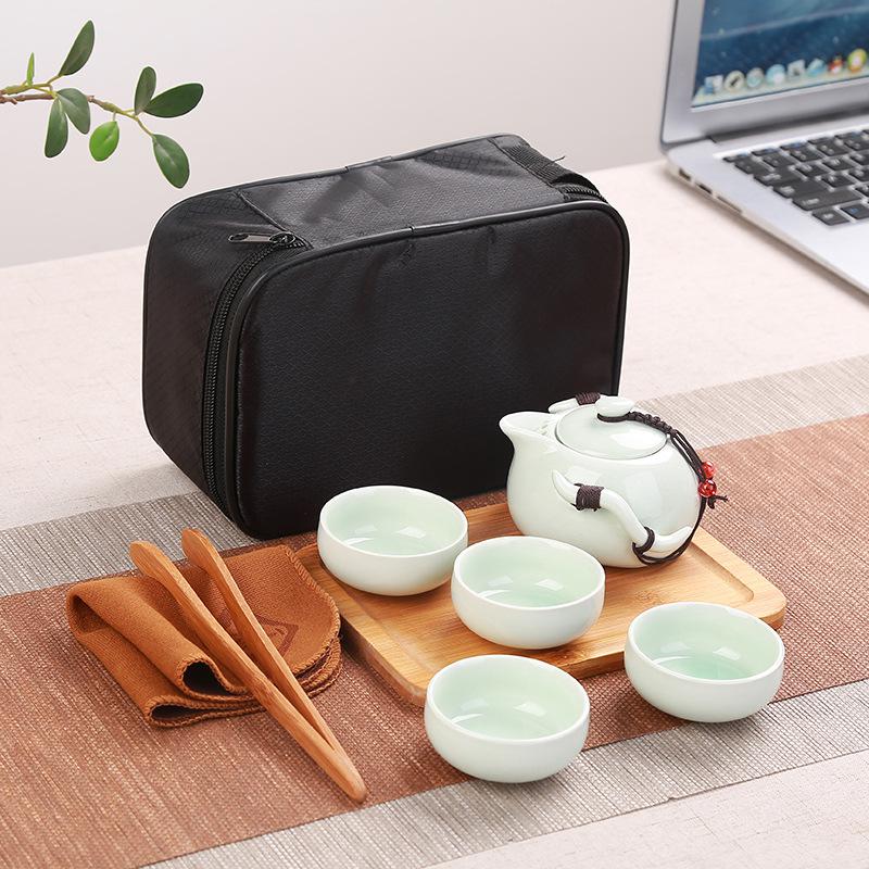 Curso conjunto de chá saco portátil, rápido convidado kungfu cerâmica, um pote, quatro xícaras de presentes do negócio do escritório: Celadon travel tea s
