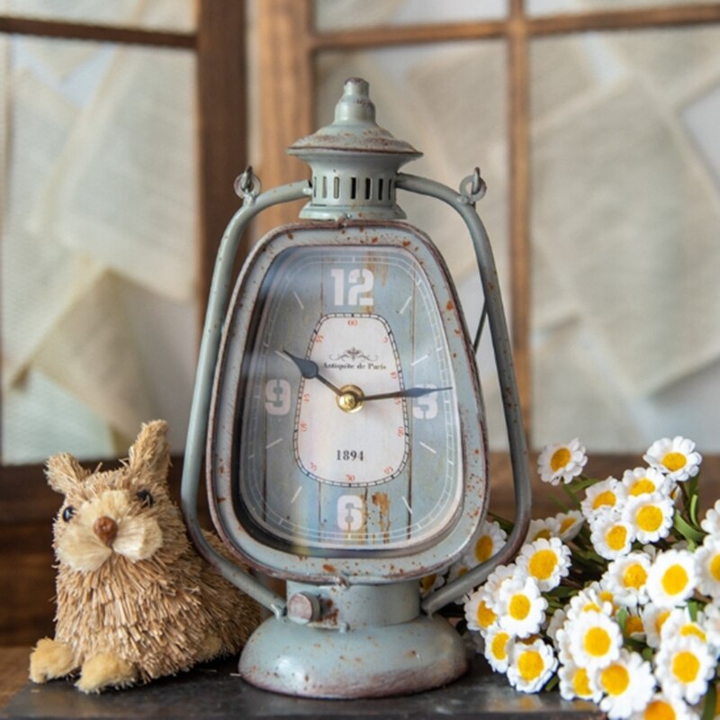 Gray Handle Candle Lantern Shape Iron Clock European Farm House Home Garden Tabletop Decor Metal Clock with Round Base