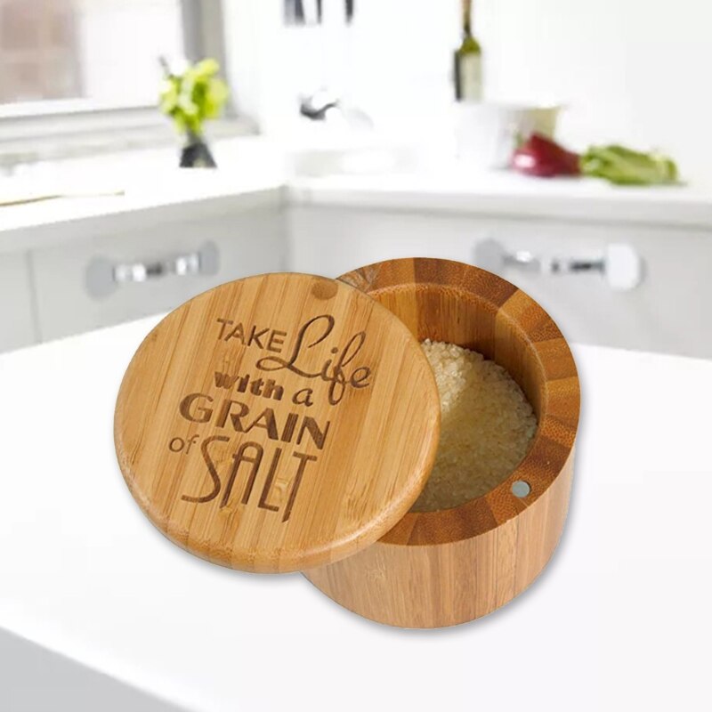 Bamboo Wood Spice Storage Box with Round Swivel Lid Cover Natural and Eco-Friendly Salt Condiment Jar for Chili Curry Sugar