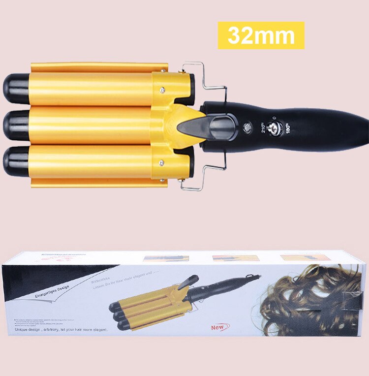 Pro 25-32m Automatic Perm Splint Ceramic Hair Curler Triple Barrels Big Wave Hair Curling Iron Hair Waver Curlers Styling Tools: Yellow 32mm