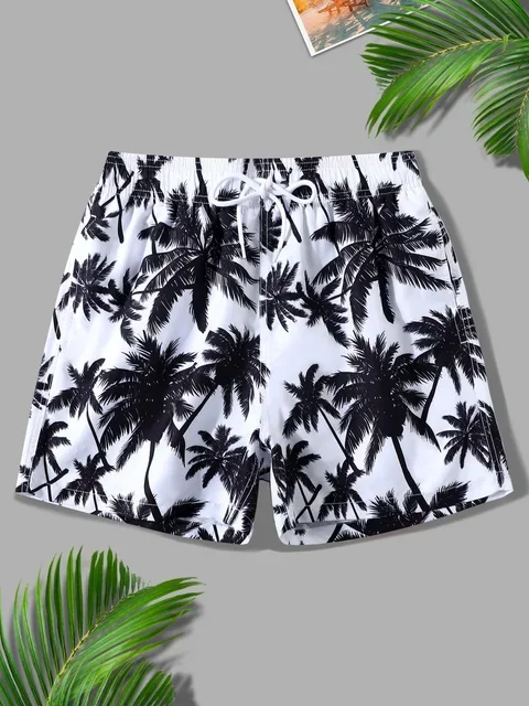 Calções de banho masculinos com estampa de coqueiro 3d, shorts de natação, verão, macio e respirável, poliéster, praia, surf: 5XL / Bege