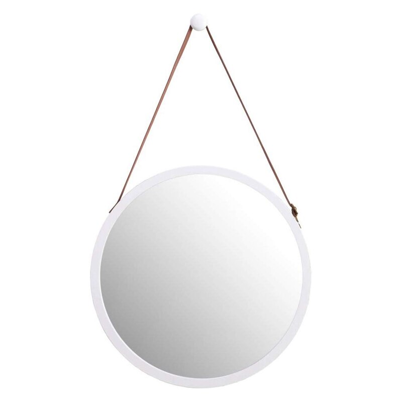 Hanging Round Wall Mirror in Bathroom & Bedroom - Solid Bamboo Frame & Adjustable Leather Strap: White