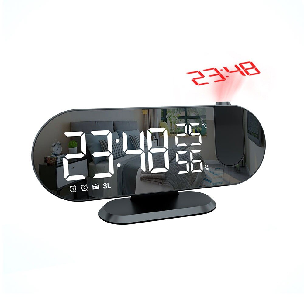 LED Digital Mirror Alarm Clock Watch Table Electronic Desktop Clocks USB Wake Up FM Radio Time Projector Snooze Function 2 Alarm: A-white font