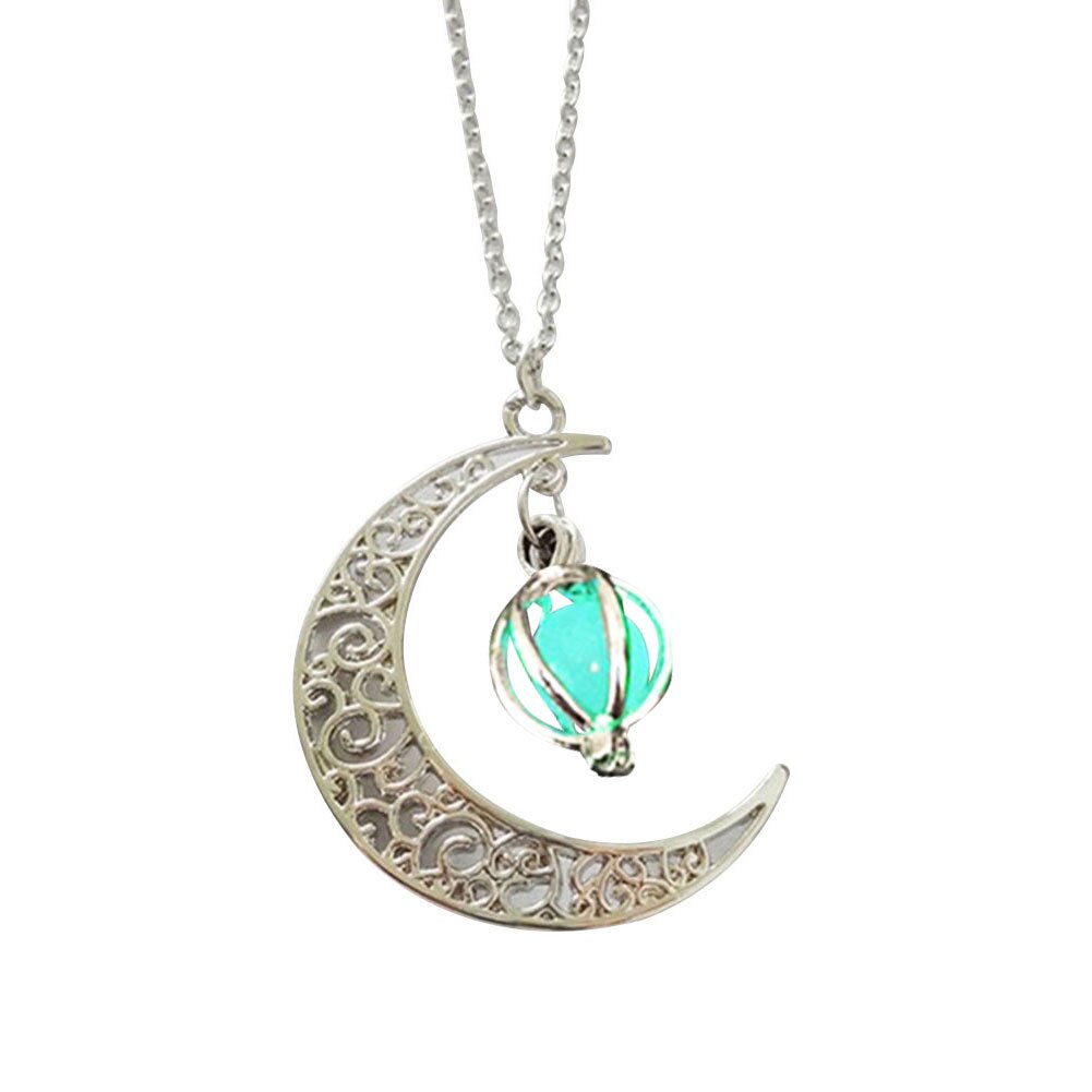 colgante de jaula de Luna hueca para mujer a la , cadena luminosa, collar de joyería: Blue Green
