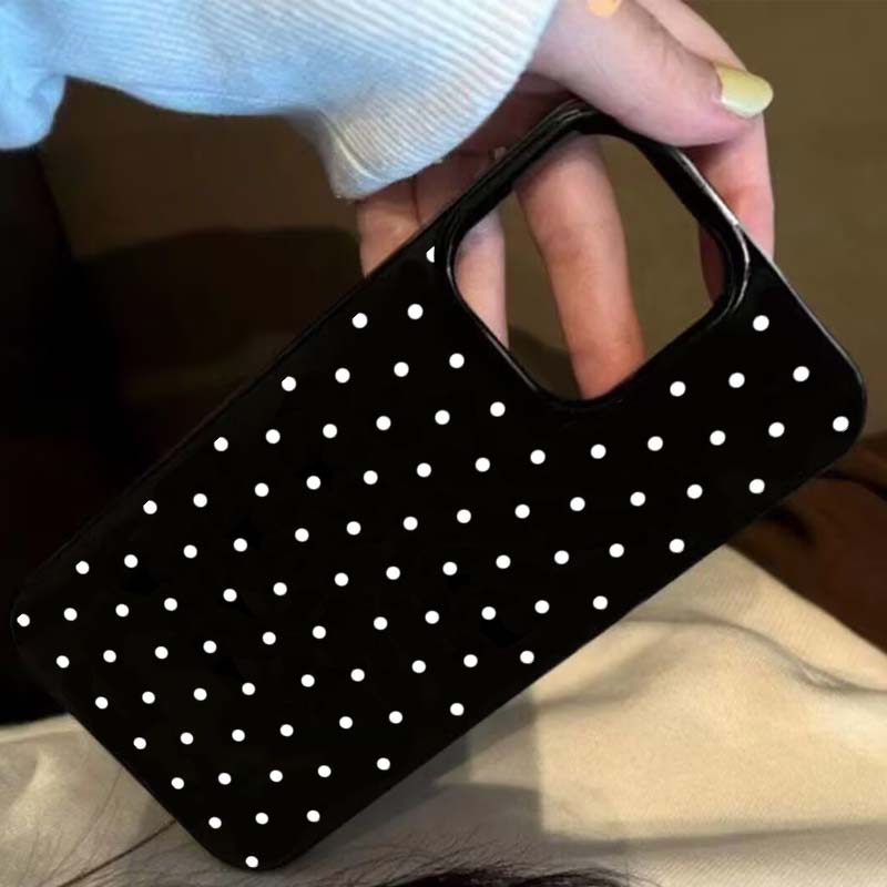 Korean INS White Polka-Dot Phone Case For iPhone 16 15 Plus 14 13 12 11 Pro Max X XR XS 16E 7 8 Plus Black Shockproof Soft Cover