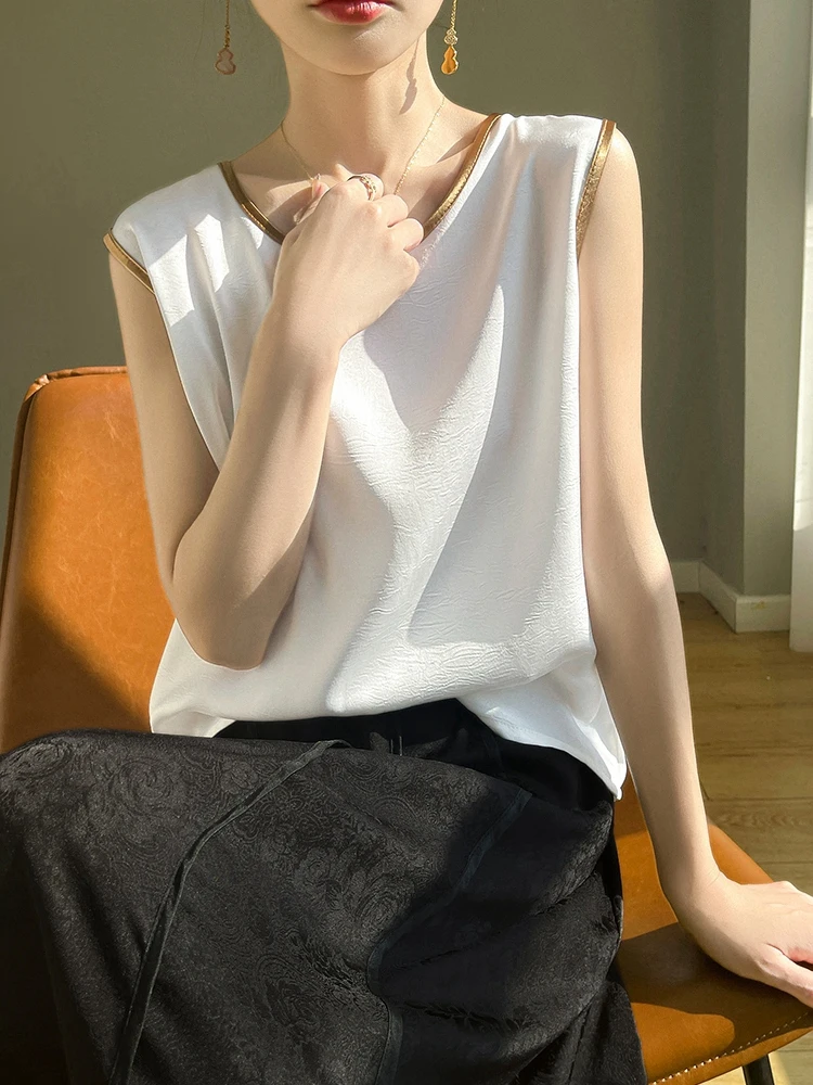Women Summer Artificial Silk Satin Embossing Flower Thin O-neck Tank Top Gold Collar Hem Smooth Camisole Basic Model Silky Camis: L / WHITE