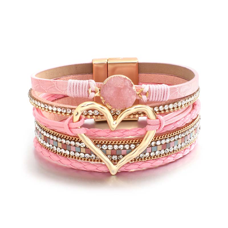 Amorcome-pulsera de cuero trenzado para mujer, brazalete con varias capas de piedras de resina, corazón hueco,: Pink