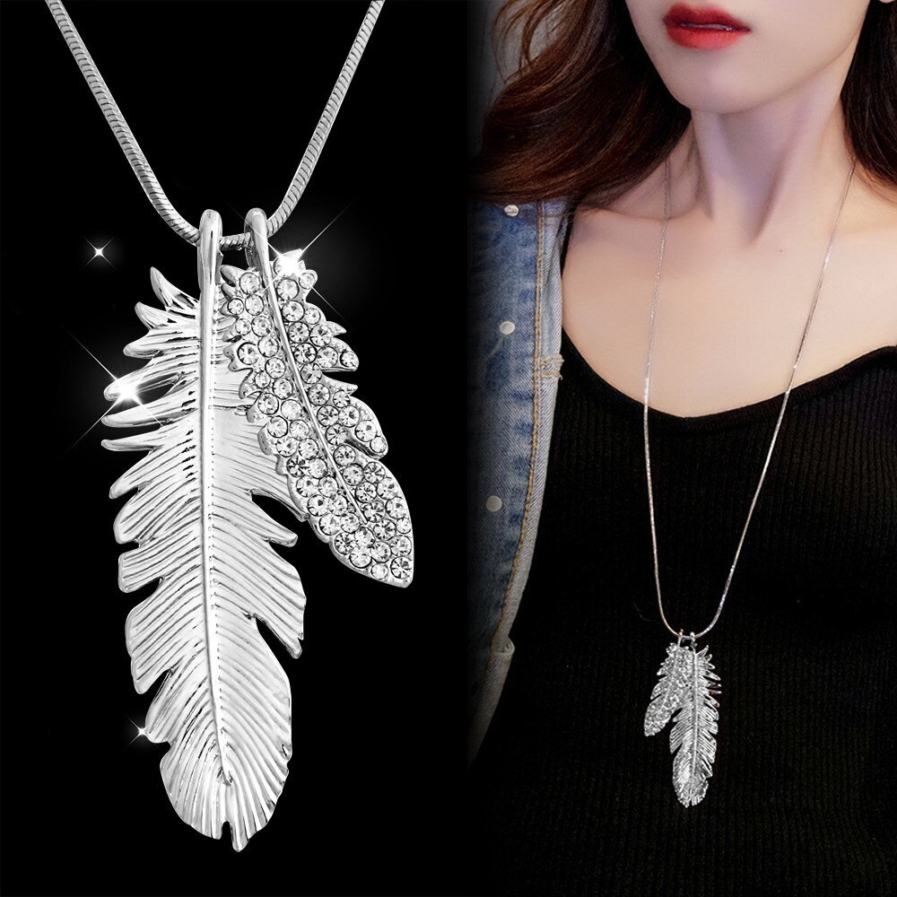 Meyfflin Vintage Long Necklaces for Women Crystal Feather Choker Necklaces Pendanst Silver Sweater Chain Jewelry Collier: Feather