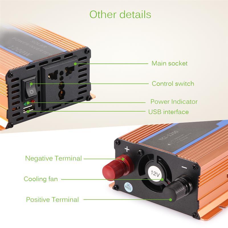 700W Pure Sine Wave Car Power Inverter 1200W Peak Power DC 12V To AC220V With LCD Display