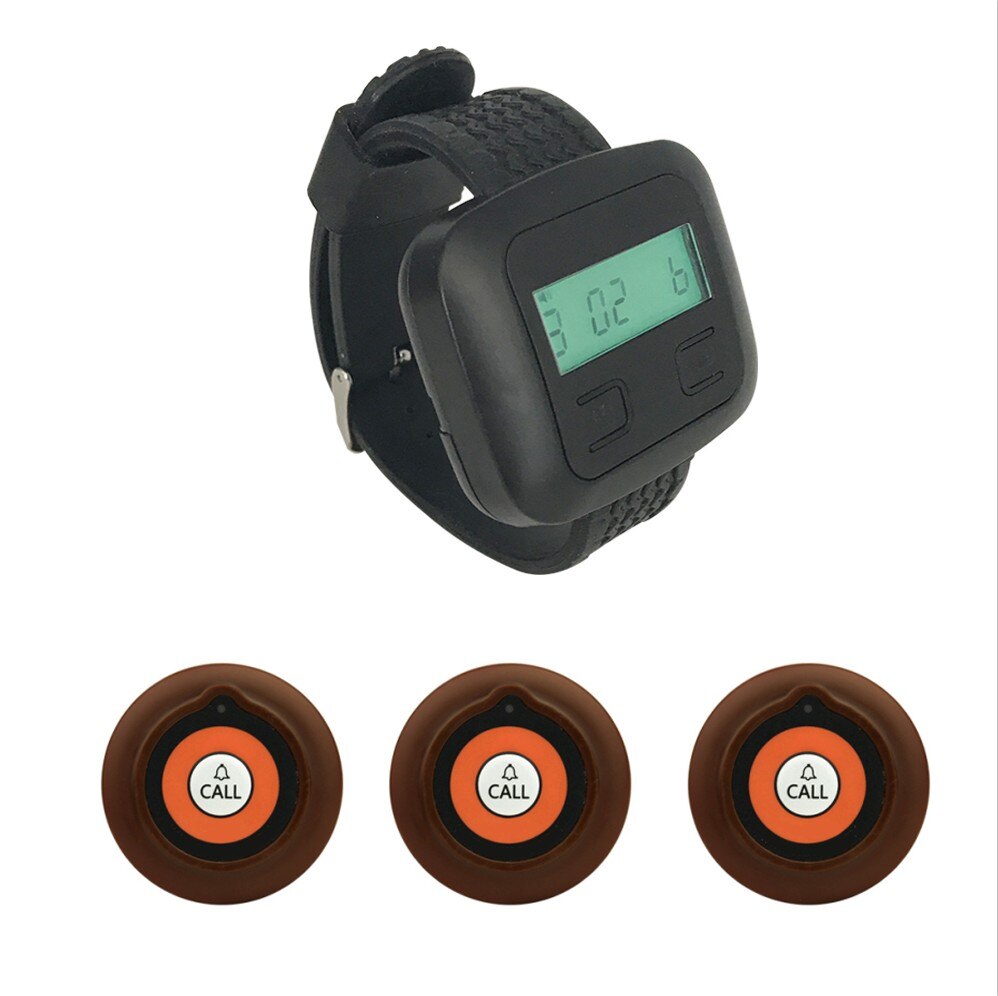 JINGLE BELLS Wireless Calling System Cafe, Hotel, Office 3 Call Button+1 Watch Pager Receiver Call Restaurant Pager System 433MH: brown