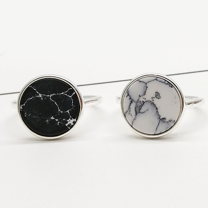 1PC Round Circle Black Open Valentines Ring White Unique Adjustable Exquisite Marbled Stone