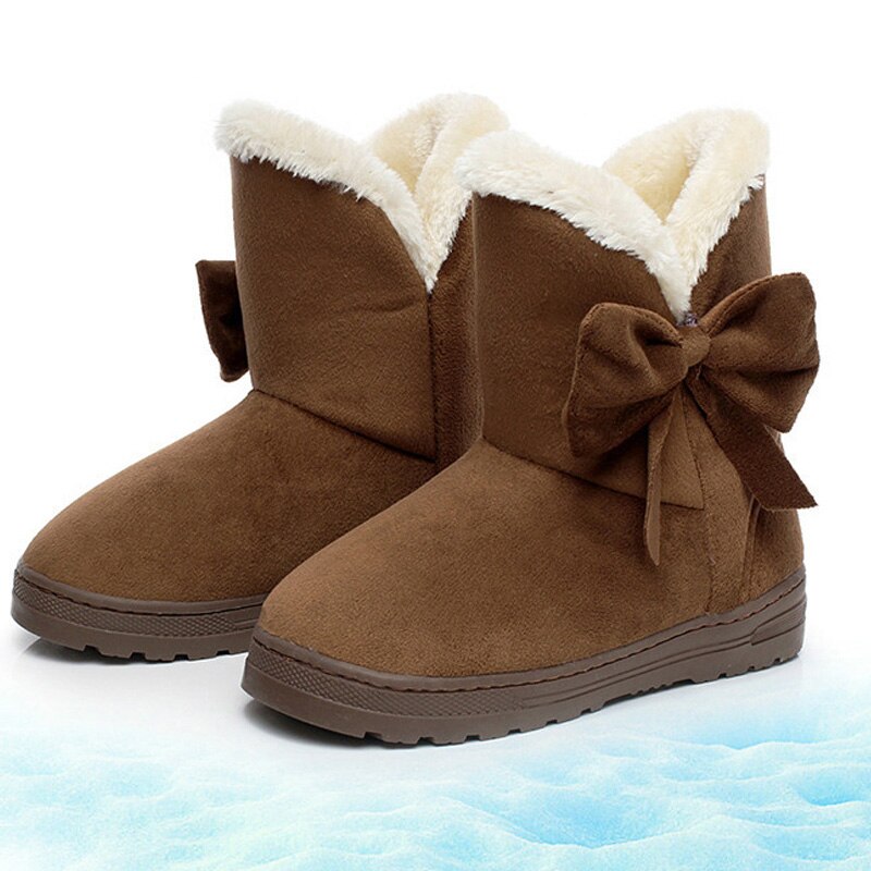 femmes bottes de neige hiver fourrure bottines femme noeud papillon plus en peluche daim caoutchouc plat sans lacet plate-forme dames chaussures: Coffee / (35-36)