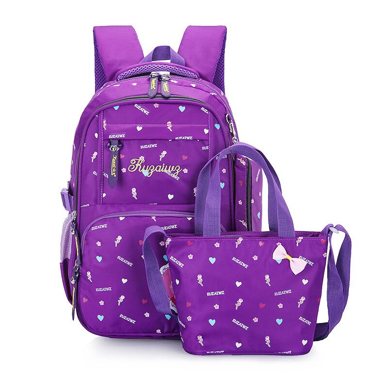 Bonita mochila escolar a la , 3 unids/set, mochila de viaje para niñas, mochilas ortopédicas para niñas, mochilas escolares: purple