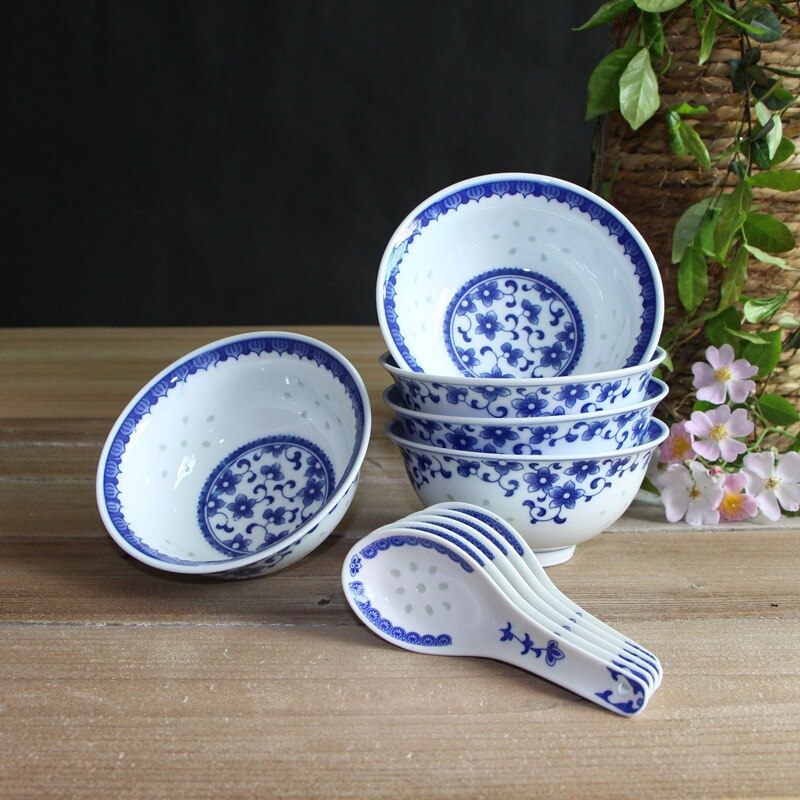 Jingdezhen Blau und Weiß Porzellan Geschirr Keramik exquisit Schüssel Porzellan Schüssel 5 Zoll Reis Schüssel einstellen Haushalt Schüssel und Erzähler: 5 Zoll Linglong Bauhinia 5 Schüssel  5 Löffel