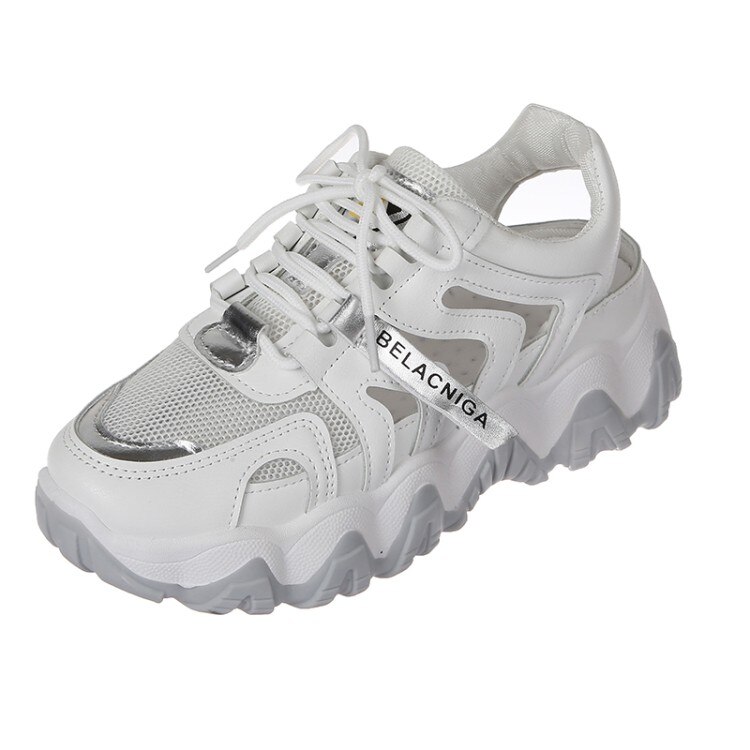 Sandales à semelles ondulées pour papa, chaussures à lacets en maille creuse, baskets décontractées à semelle épaisse pour femmes: Blanc / 35