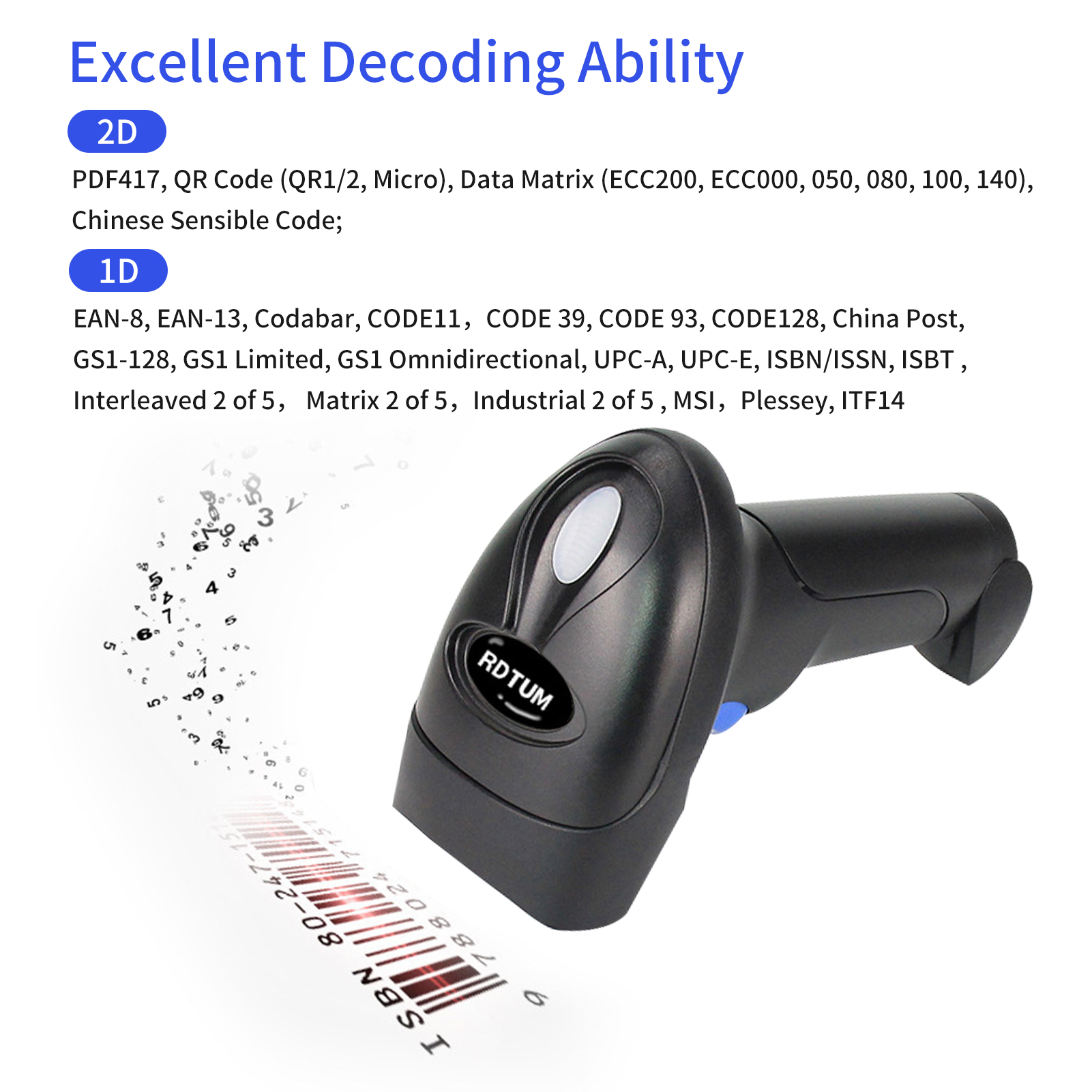 2.4G Wireless 1D 2D Barcode Scanner USB Wired BT Connect Bar Code Reader Handheld Scanner Manual Trigger Scanning for Warehouse