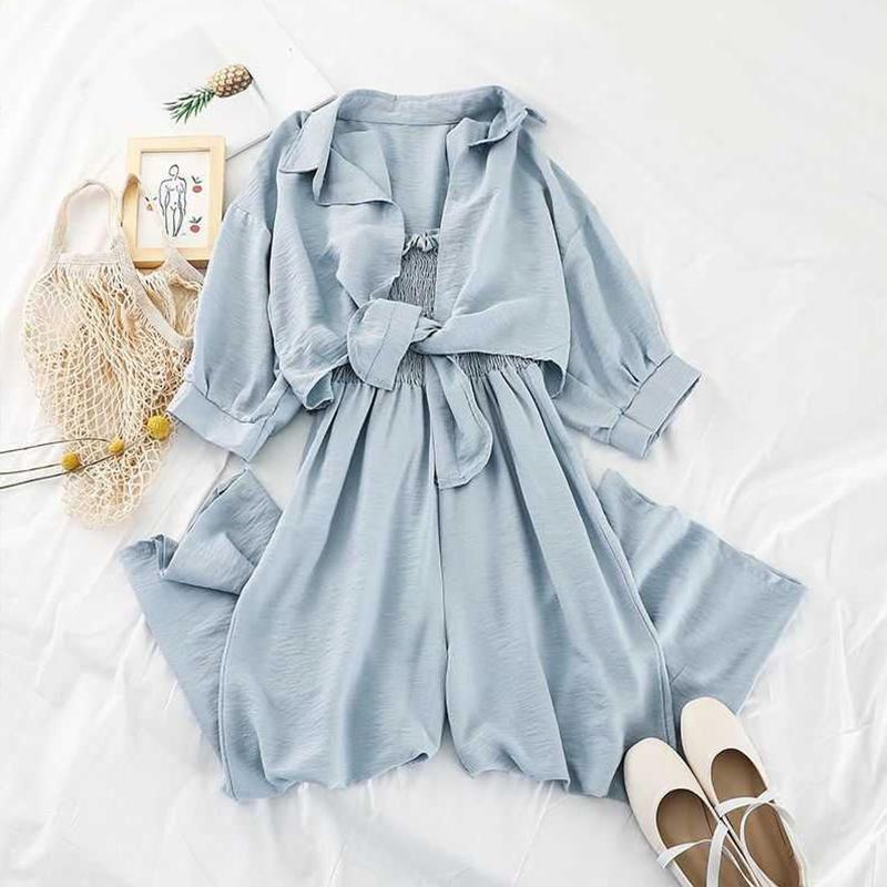 FTLZZ Summer Two Pieces Set Women Loose Short Sunscreen Jacket + Suspending Rompers Clothing Female Casual Holidays Suit: Sky blue