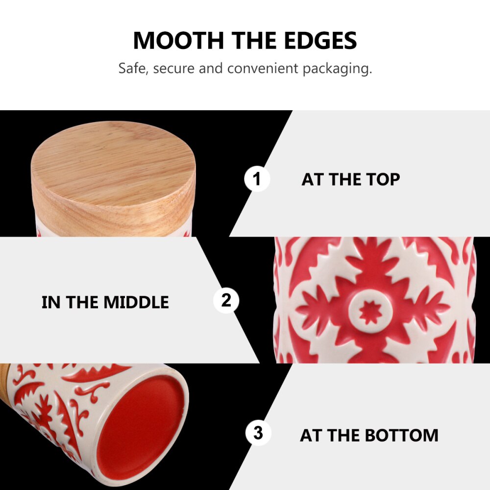 Ceramic Grain Canister Food Kitchen Sealed Storage Container Empty Storage Jar Dried Fruit Jar with Wooden Lid (Red)