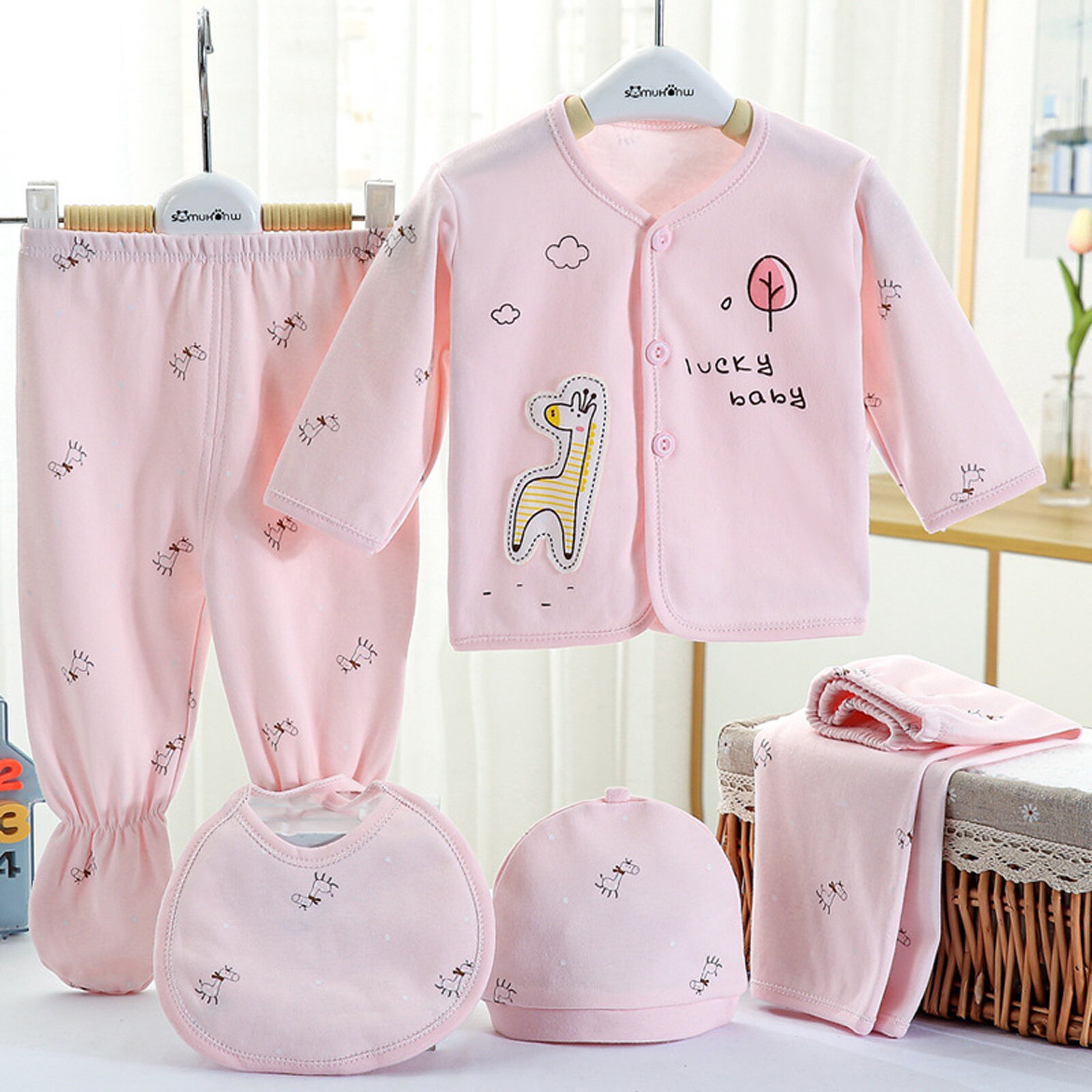 5Pcs Pasgeboren Nachtkleding Kleding Set Baby Jongens Meisjes Cartoon Lange Mouwen Tops + Hoed + Broek + Bib Outfits set Слипы Для Новорожденных: Pink