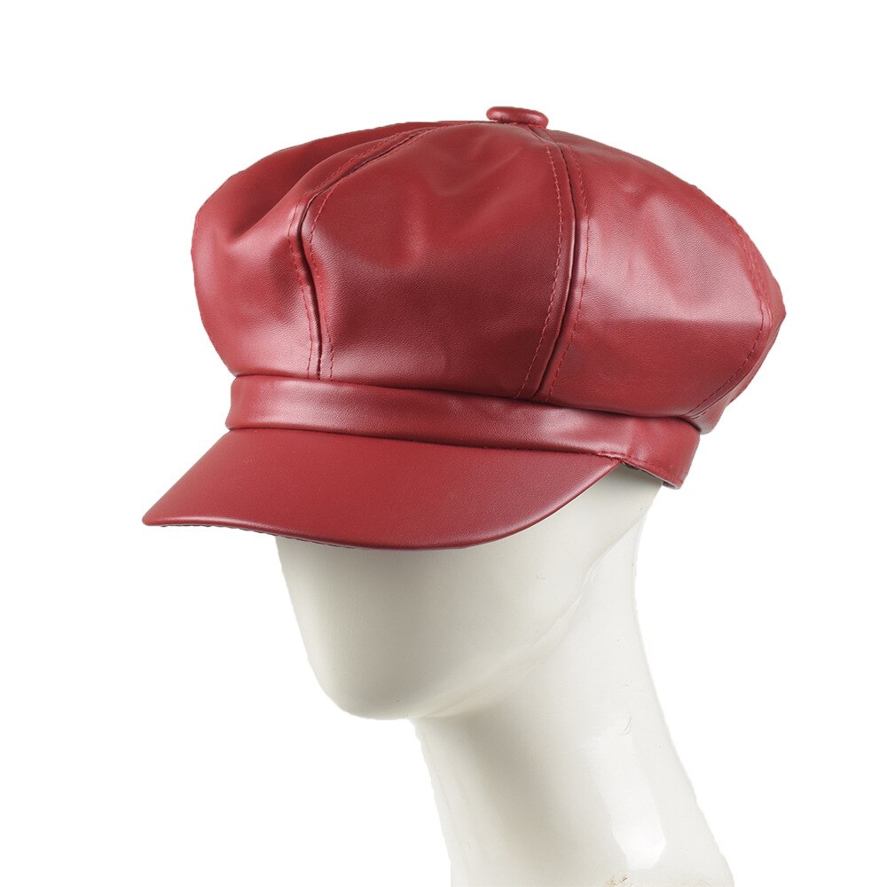 Hoaree rød newsboy cap pu skinn solid åttekantet cap høst vinter vintage damer flat cap hun beret lue