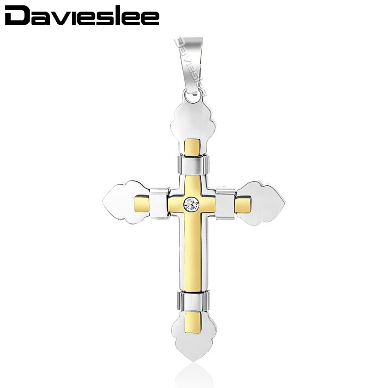 Davieslee 15 Styles Stainless Steel Cross Pendant for Men Gold Silver Color Multi Layers Clear CZ Trendy Jewelry DLKPP1: KP376