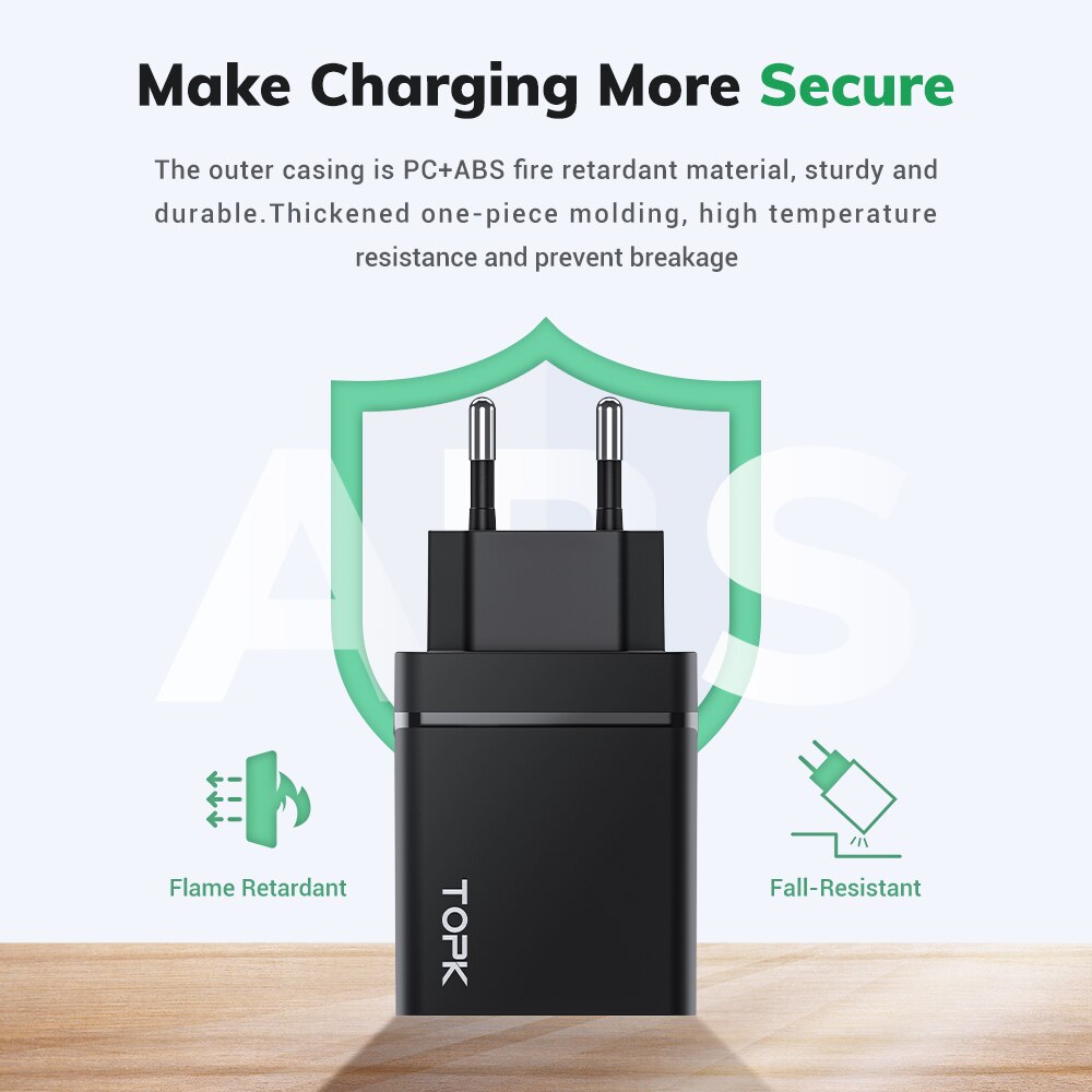 TOPK-Dispositivo de carga portátil para móvil, cargador rápido de 4 puertos USB tipo C, adaptador 3.0 de enchufe de tipo UE E.E.U.U. RU, potencia de 36W, compatible con teléfono iPhone 11, Xiaomi y Samsung