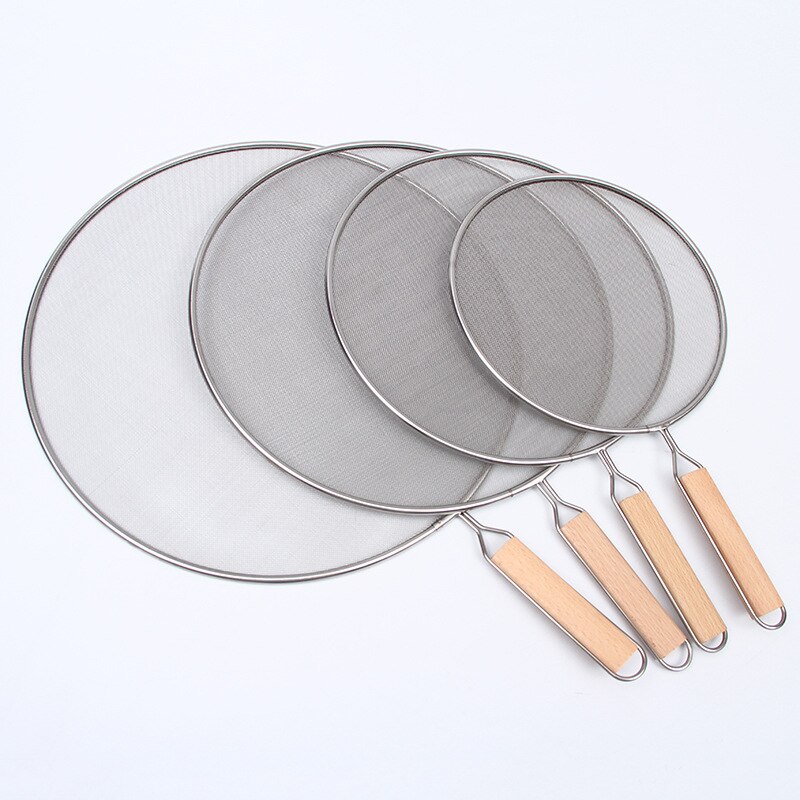 21cm/25cm/29cm/33cm Stainless Steel Splatter Screen Mesh Pot Cover Silver Oil Frying Pan Lid With Wooden Handle Cooking Tools
