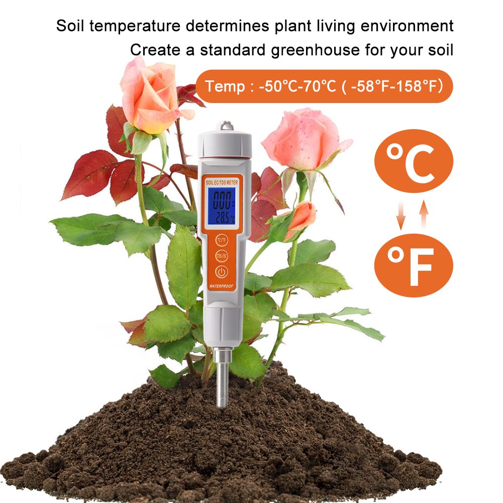 Soil Tester 3 in 1 EC/ TDS/ Temperature Digital Soil Test Probe Meter with Backlight Screen Portable Soil Salinity Tester