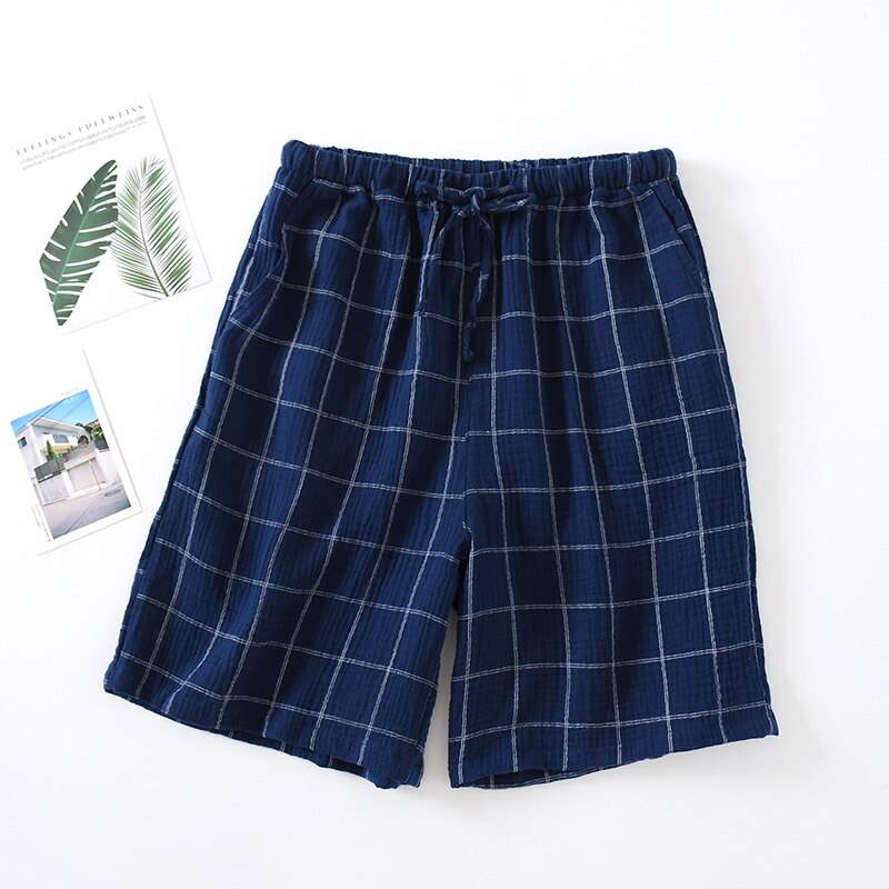 Summer men Sleep Bottoms 100% Cotton Plaid lounge shorts plus size sleepwear breathable lounge wear casual home shorts: Men Cyan / XL