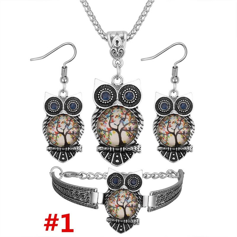 Boho Vrouwelijke Kristal Sieraden Set Charm Zilver Kleur Dangle Earring Voor Vrouwen Vintage Uil Armband Bruiloft Collier: 01