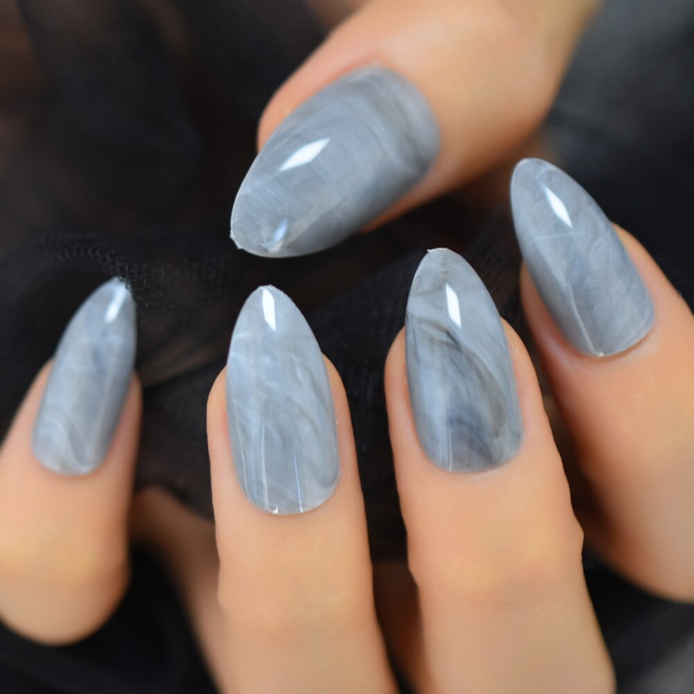 Marbling False Nails Grey Stiletto Shiny Marble Nail Art Tips Medium Size Pointed Sharp Nails 24 Count