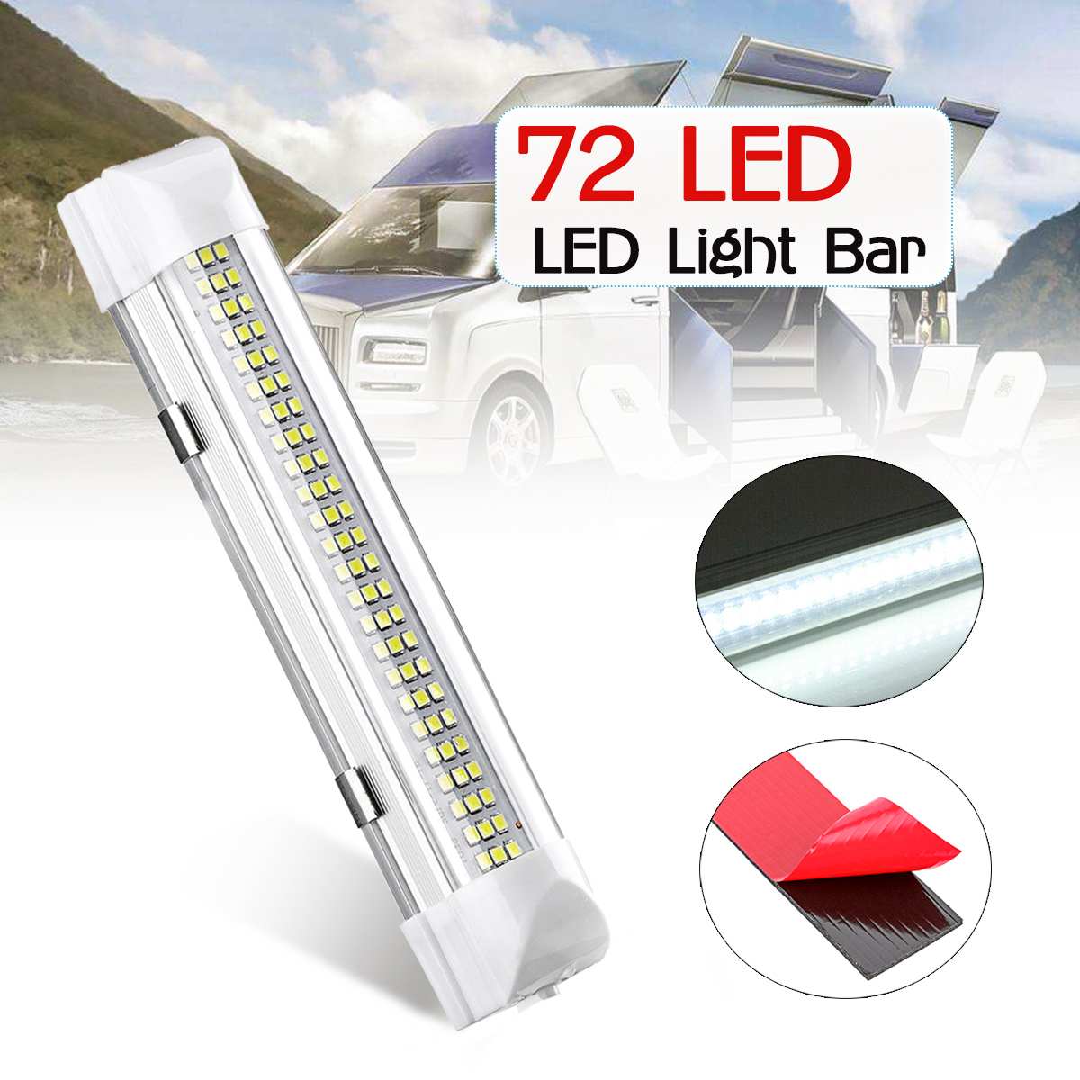 12V 72 LED Vehicle Interior Strip Lights ON/OFF Switch Bar Car Van Caravan Boat Truck Trailer lamp For Outdoor Camping Home: 1pc