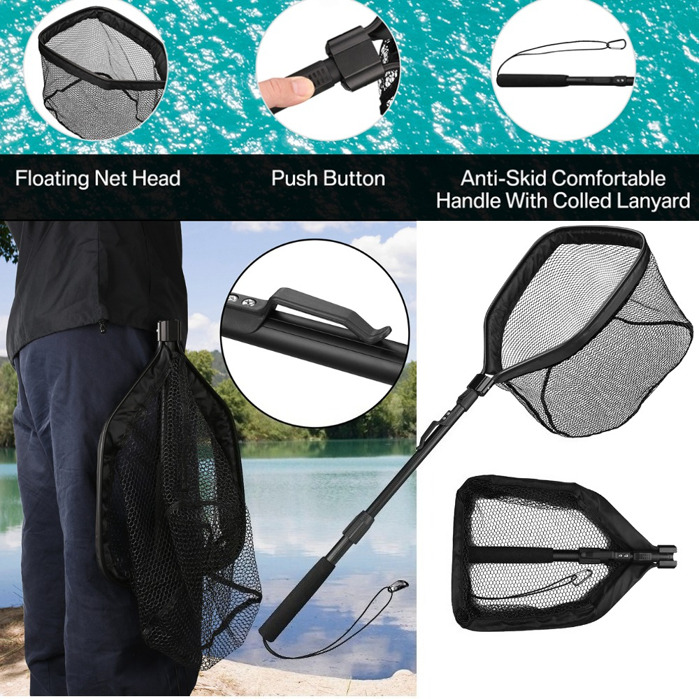 Floating Fishing Net Bass Trout Landing Net Foldable Lightweight Portable Rubber Coated Fish-Friendly Mesh Easy Catch & Release
