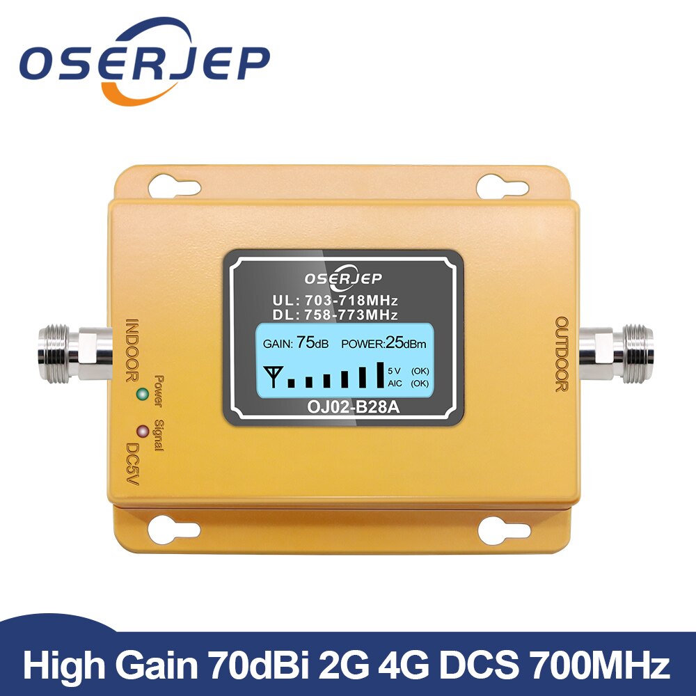 Repetidor de teléfono móvil, 70dB, LCD, LTE, 700MHz, B28A, 4G, no incluye antena