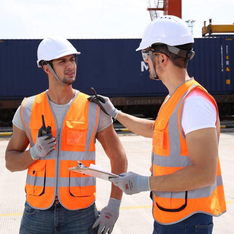 Mens hi vis vest safety multi pockets miner construction worker workwear safety waistcoat logo printing