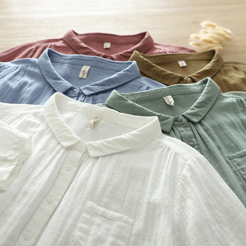 Neue Frühling Baumwolle Garn solide verlieren Hemd Frauen Revers Kurzarm oben Mädchen retro ol Pendel blusen 2024 Sommer t45449qc