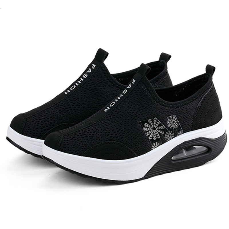 Air Cushion Wedge Sneakers Women Thick Bottom Summer Swing Shoes Breathable Rocking Shoes Soft Height Increasing Jumping Shoes: black size 35-40 / 4.5