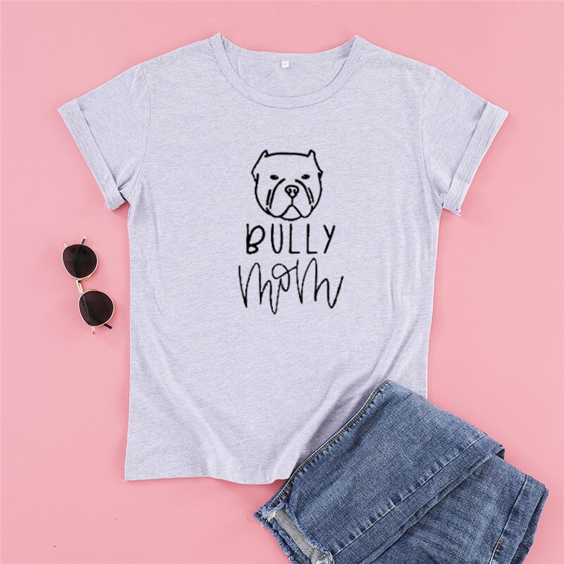 Camiseta de manga corta con cuello redondo para mujer, camisa UNISEX con estampado de Bully dog mom, 100% algodón, Harajuku,