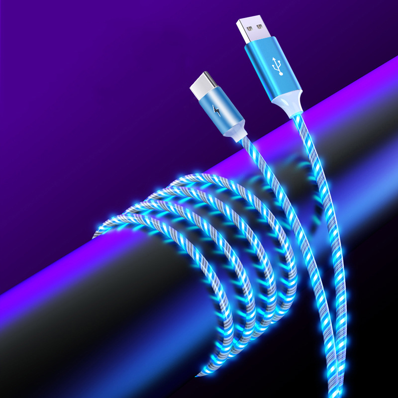 USB Phone Glowing Charging Cable Flow Light Cord Led Wire For Micro USB Type C Fast Charger For iPhone 12 Huawei Xiaomi Sumsung: Blue / 2m For iPhone