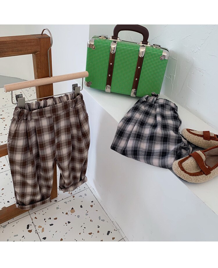 garçons et filles coton Plaid pantalon décontracté enfant en bas âge enfants automne pantalon droit petits enfants pantalons amples: coffee / 120cm