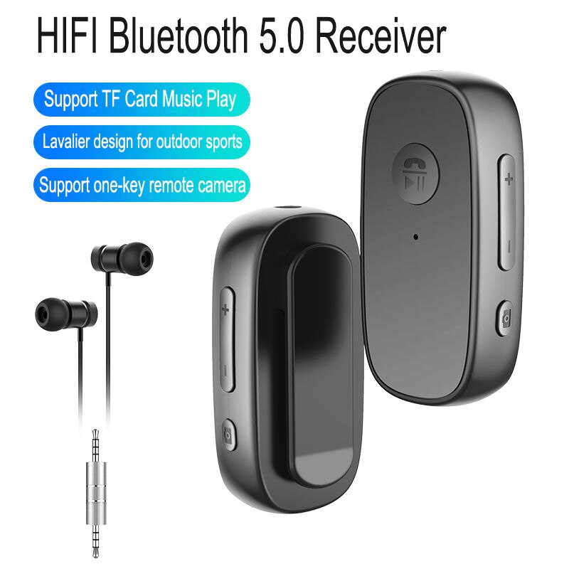 Jinserta lavalier bluetooth 5.0 mottagare hörlurar adapter en nyckel fjärrkamera stöd för hifi tf-kort musikuppspelning