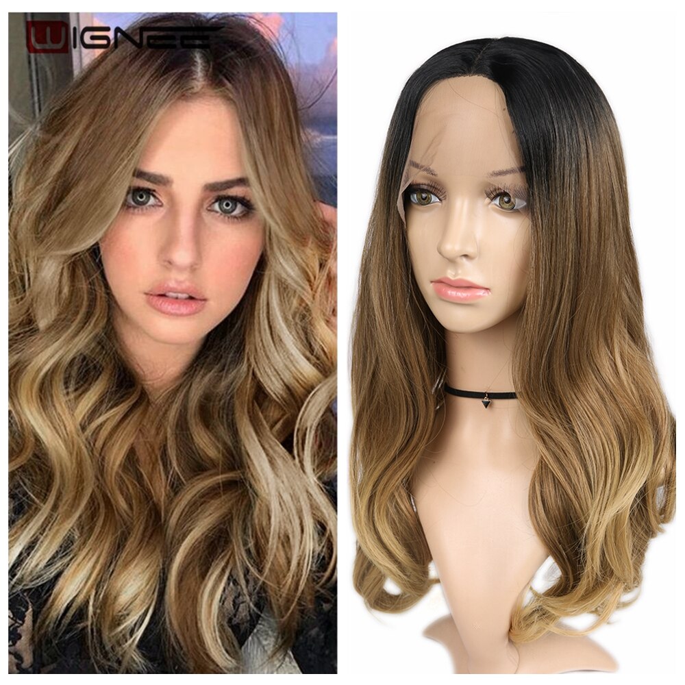 Wignee Long Wavy Synthetic Wig Lace front For Women Heat Resistant Long Hair Wig Middle Part Natural Ombre Ash Blonde Hair Wigs: Ombre Brown