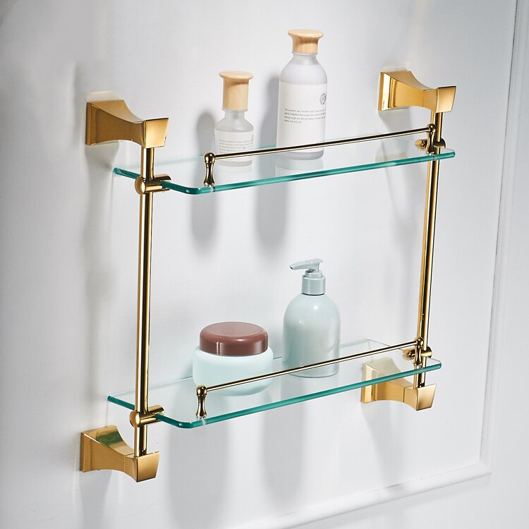 Bathroom Hardware Set Wall Mounted Glass Shelf 2 Layer Gold Bathroom Accessories Brass Toothbrush Holder Towel Paper Holder