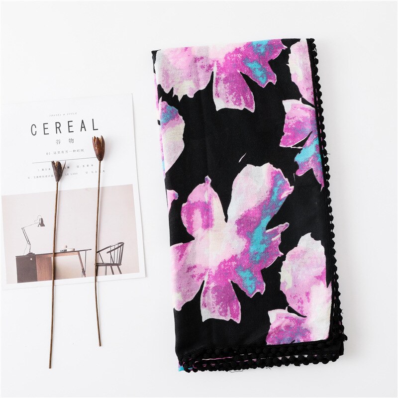 Sparsil-foulard en coton et lin femme | Longue écharpe, imprimé floral, court gland doux, enveloppes d'été, Protection solaire, échalotes de plage: 3BlackFlower