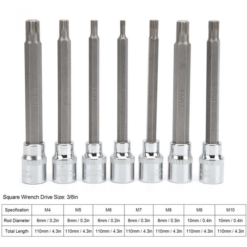 Car Repair Tool /set Extra Long Spline Bit With Toolbox Socket Bit -M10 3/8in Drive M6 M7 M8 M9 M10 for Air Impact Wrench